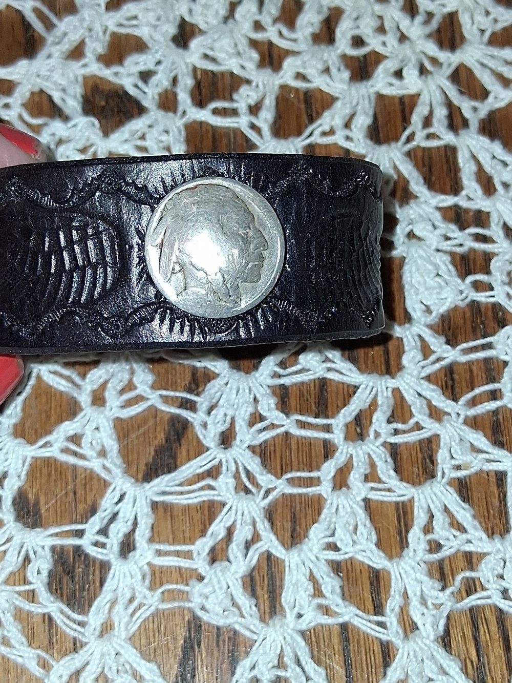 Black Leather Cuff Bracelet with Coin Accent